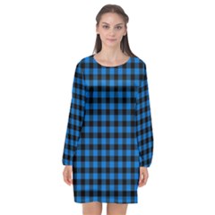 Lumberjack Fabric Pattern Blue Black Long Sleeve Chiffon Shift Dress  by EDDArt