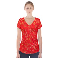 Golden Swrils Pattern Background Short Sleeve Front Detail Top by Nexatart