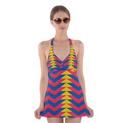 Lllustration Geometric Red Blue Yellow Chevron Wave Line Halter Swimsuit Dress by Mariart