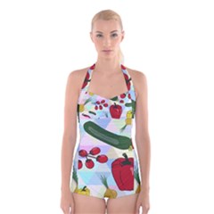 Vegetables Cucumber Tomato Boyleg Halter Swimsuit  by Nexatart