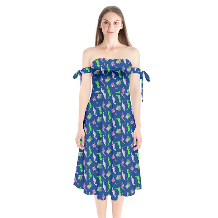 Dinosaurs pattern Shoulder Tie Bardot Midi Dress