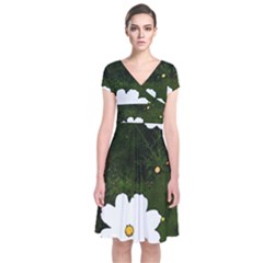 Daisies In Green Short Sleeve Front Wrap Dress by DeneWestUK