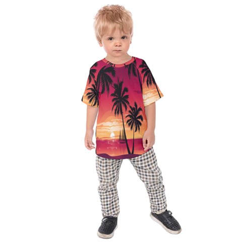 Nature Palm Trees Beach Sea Boat Sun Font Sunset Fabric Kids Raglan Tee by Mariart