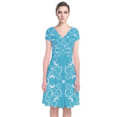 Repeatable Flower Leaf Blue Short Sleeve Front Wrap Dress by Mariart