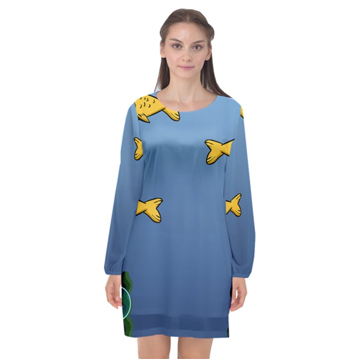 Water Bubbles Fish Seaworld Blue Long Sleeve Chiffon Shift Dress 