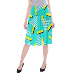 Vintage Unique Graphics Memphis Style Geometric Triangle Line Cube Yellow Green Blue Midi Beach Skirt by Mariart