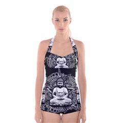 Ornate Buddha Boyleg Halter Swimsuit  by Valentinaart