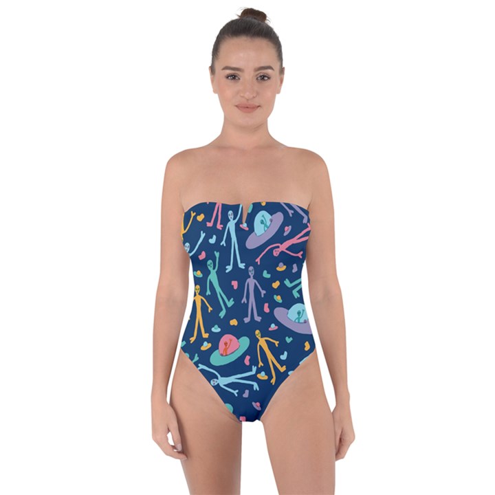 Alien Pattern Blue Tie Back One Piece Swimsuit