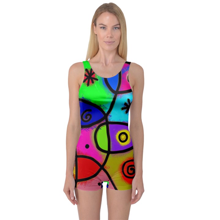 Digitally Painted Colourful Abstract Whimsical Shape Pattern One Piece Boyleg Swimsuit