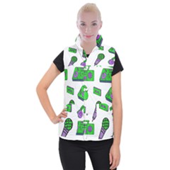 Green Music Pattern Women s Button Up Puffer Vest by TheLimeGreenFlamingo