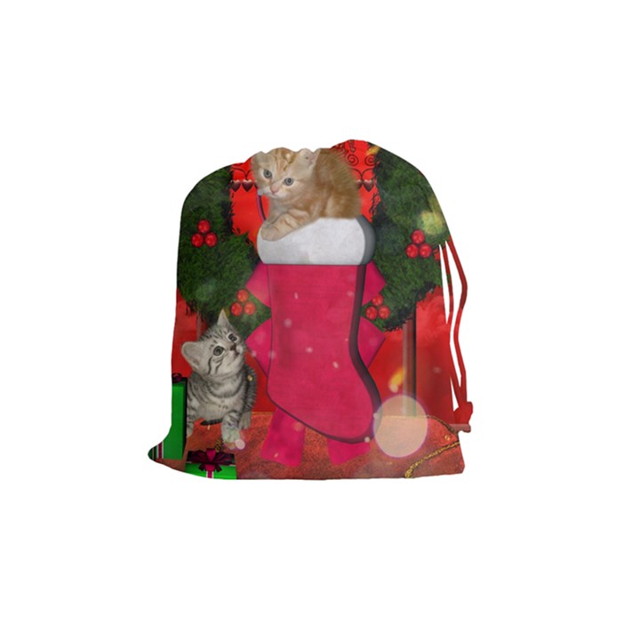 Christmas, Funny Kitten With Gifts Drawstring Pouches (Medium) 