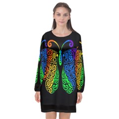 Rainbow Butterfly  Long Sleeve Chiffon Shift Dress  by Valentinaart