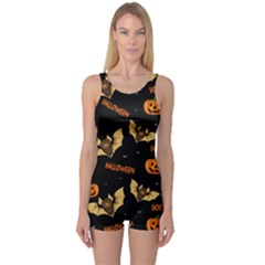 Bat, Pumpkin And Spider Pattern One Piece Boyleg Swimsuit by Valentinaart