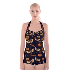 Bat, Pumpkin And Spider Pattern Boyleg Halter Swimsuit  by Valentinaart