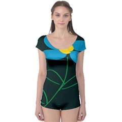 Whimsical Blue Flower Green Sexy Boyleg Leotard  by Mariart