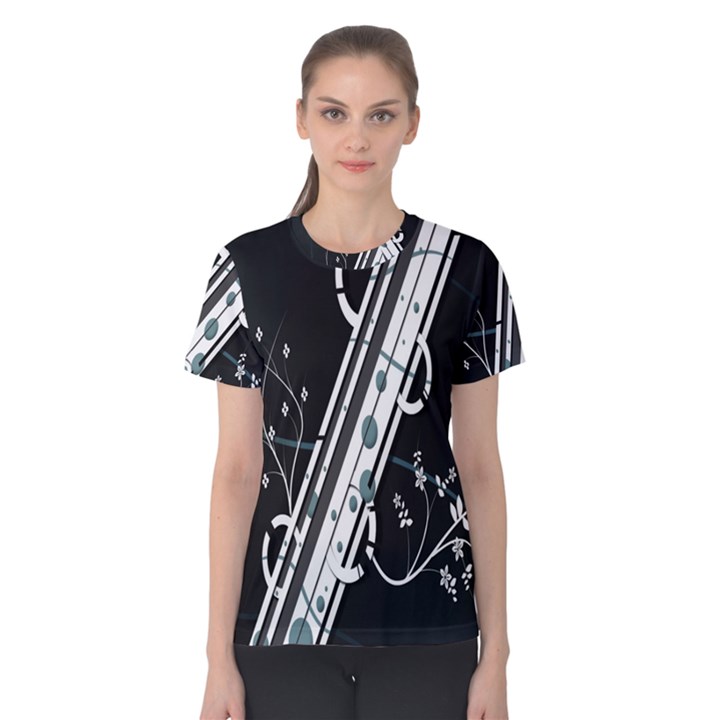 Line Light Leaf Flower Floral Black White Beauty Polka Women s Cotton Tee