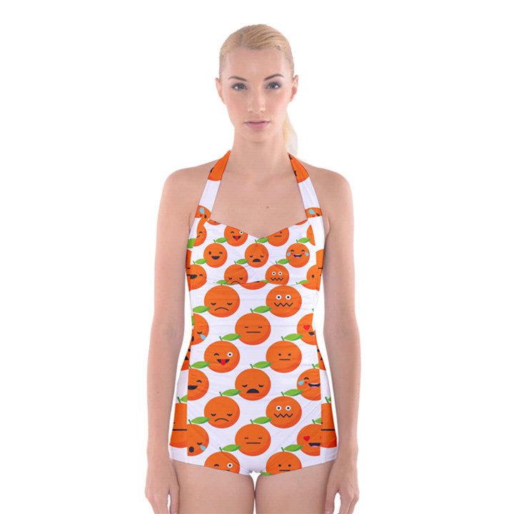 Seamless Background Orange Emotions Illustration Face Smile  Mask Fruits Boyleg Halter Swimsuit 