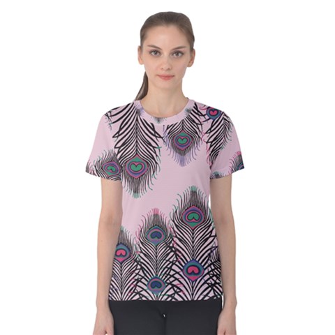 Peacock Feather Pattern Pink Love Heart Women s Cotton Tee by Mariart