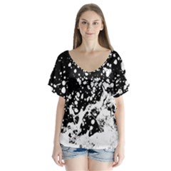 Black And White Splash Texture V-neck Flutter Sleeve Top by dflcprints