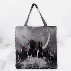 Awesome Wild Black Horses Running In The Night Grocery Tote Bag by FantasyWorld7