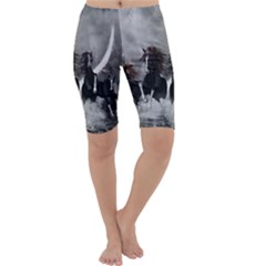 Awesome Wild Black Horses Running In The Night Cropped Leggings  by FantasyWorld7