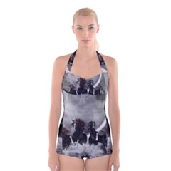 Awesome Wild Black Horses Running In The Night Boyleg Halter Swimsuit  by FantasyWorld7