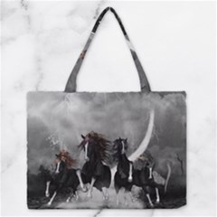 Awesome Wild Black Horses Running In The Night Zipper Medium Tote Bag by FantasyWorld7