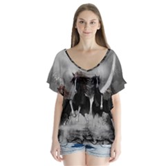 Awesome Wild Black Horses Running In The Night V-neck Flutter Sleeve Top by FantasyWorld7