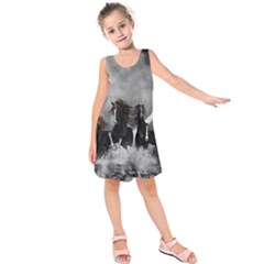 Awesome Wild Black Horses Running In The Night Kids  Sleeveless Dress by FantasyWorld7