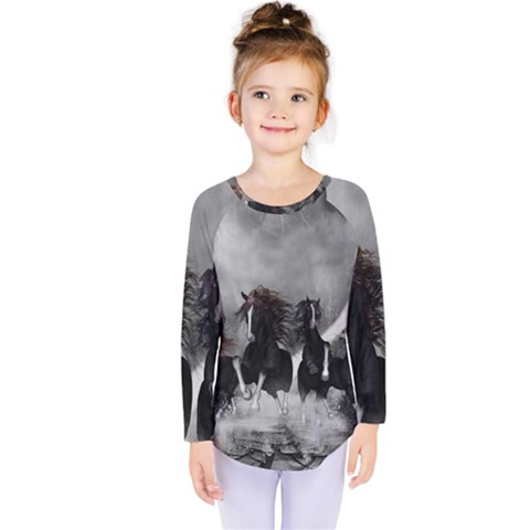 Awesome Wild Black Horses Running In The Night Kids  Long Sleeve Tee by FantasyWorld7