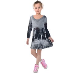 Awesome Wild Black Horses Running In The Night Kids  Long Sleeve Velvet Dress by FantasyWorld7