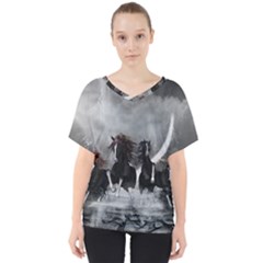 Awesome Wild Black Horses Running In The Night V-neck Dolman Drape Top by FantasyWorld7