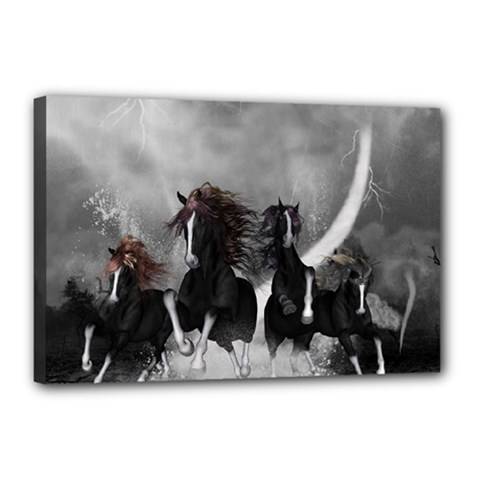 Awesome Wild Black Horses Running In The Night Canvas 18  X 12  by FantasyWorld7