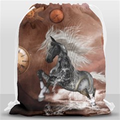 Steampunk, Awesome Steampunk Horse With Clocks And Gears In Silver Drawstring Bag (large) by FantasyWorld7