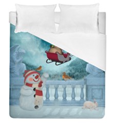 Christmas Design, Santa Claus With Reindeer In The Sky Duvet Cover (queen Size) by FantasyWorld7