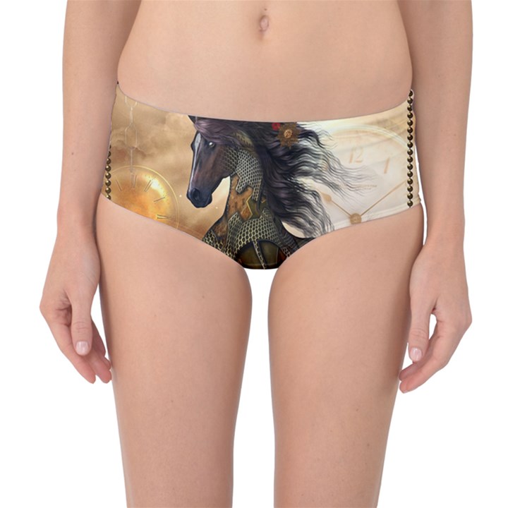 Steampunk, Wonderful Steampunk Horse With Clocks And Gears, Golden Design Mid-Waist Bikini Bottoms