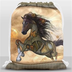 Steampunk, Wonderful Steampunk Horse With Clocks And Gears, Golden Design Drawstring Bag (large) by FantasyWorld7