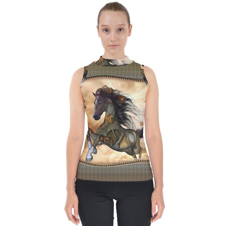 Steampunk, Wonderful Steampunk Horse With Clocks And Gears, Golden Design Shell Top