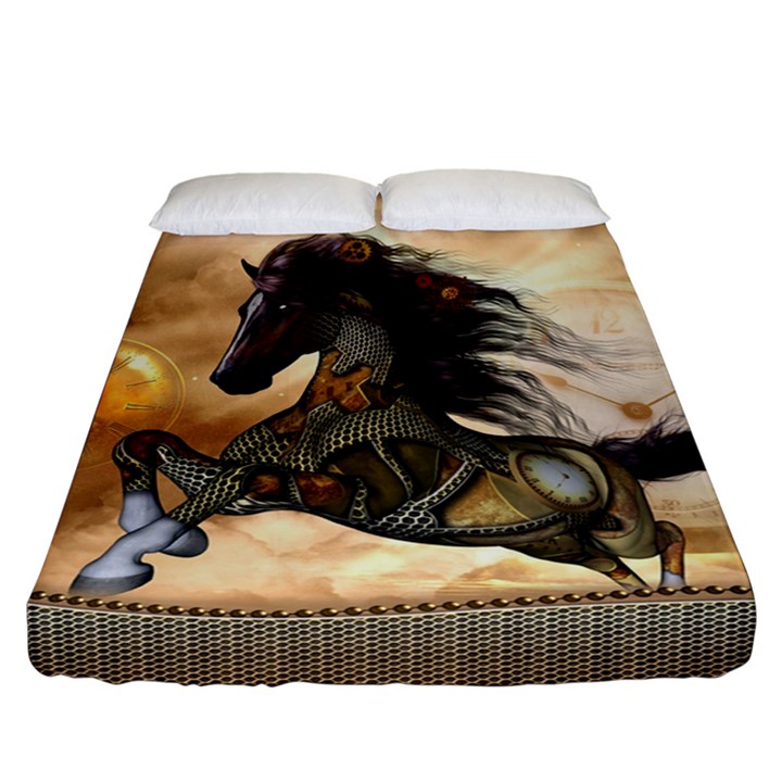 Steampunk, Wonderful Steampunk Horse With Clocks And Gears, Golden Design Fitted Sheet (California King Size)