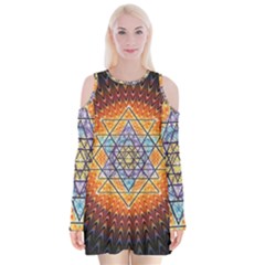 Cosmik Triangle Space Rainbow Light Blue Gold Orange Velvet Long Sleeve Shoulder Cutout Dress by Mariart