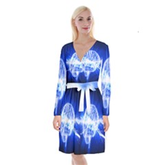 Lightning Brain Blue Long Sleeve Velvet Front Wrap Dress by Mariart