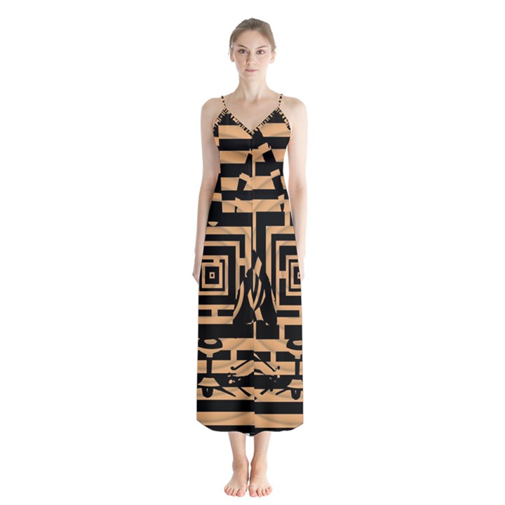 Wooden Cat Face Line Arrow Mask Plaid Button Up Chiffon Maxi Dress