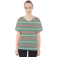 Horizontal Line Red Green V-neck Dolman Drape Top by Mariart