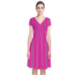 Pink Line Vertical Purple Yellow Fushia Short Sleeve Front Wrap Dress by Mariart