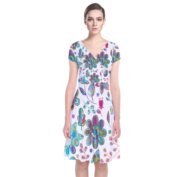 Prismatic Psychedelic Floral Heart Background Short Sleeve Front Wrap Dress