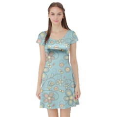 Flower Blue Butterfly Bird Yellow Floral Sexy Short Sleeve Skater Dress by Mariart