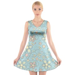 Flower Blue Butterfly Bird Yellow Floral Sexy V-neck Sleeveless Skater Dress by Mariart