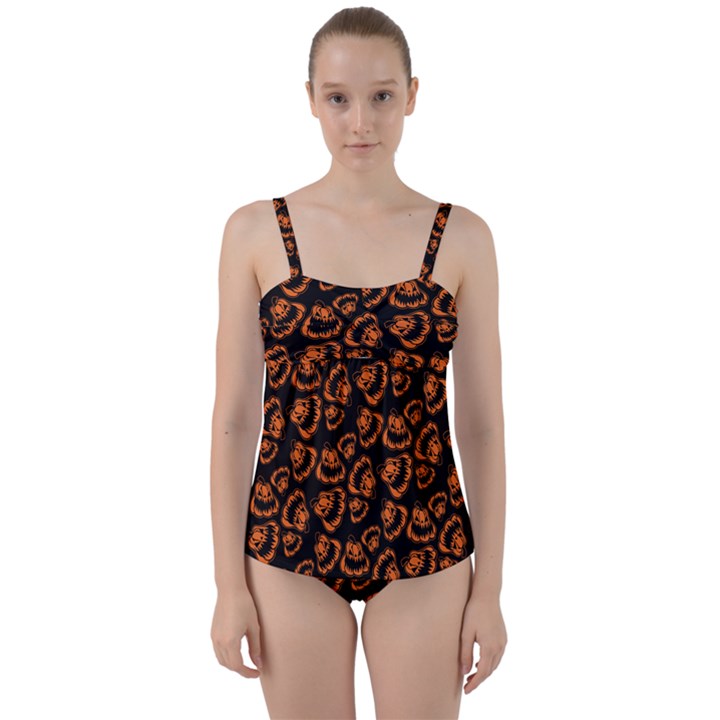 Pattern Halloween Jackolantern Twist Front Tankini Set