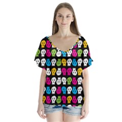 Pattern Painted Skulls Icreate V-neck Flutter Sleeve Top by iCreate