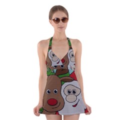 Santa And Rudolph Selfie  Halter Dress Swimsuit  by Valentinaart